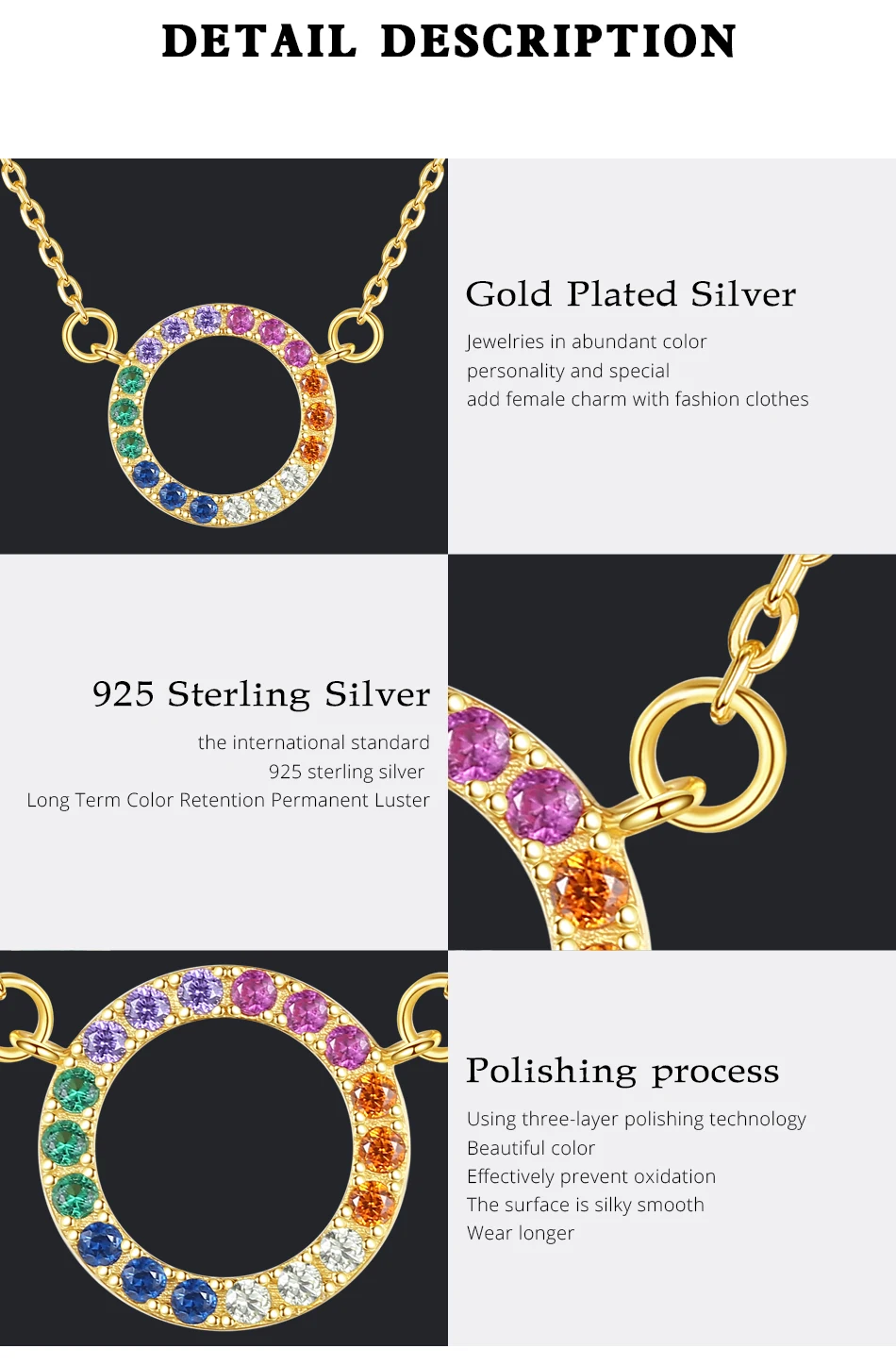 Multicolor Zirkon Sterling Silber Kreis Anhänger Regenbogen Zirkonia Frauen Halskette Mädchen_voghion.com