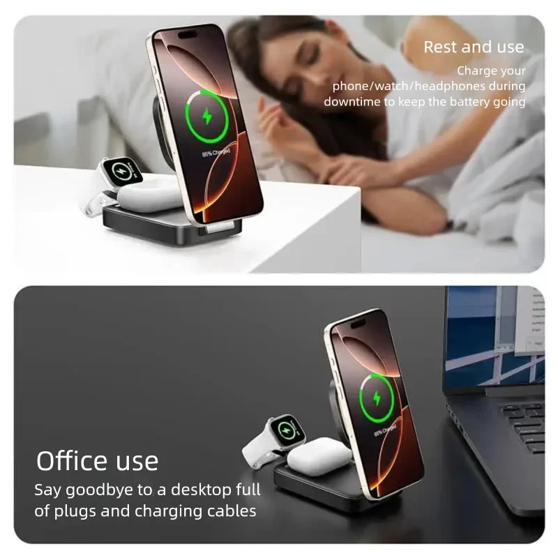 접이식 LED 라이트 3 in 1 마그네틱 무선 충전 스탠드 (아이폰 17, 16, 15 Pro, 애플워치 2-9 SE, 에어팟 프로 고속 충전)