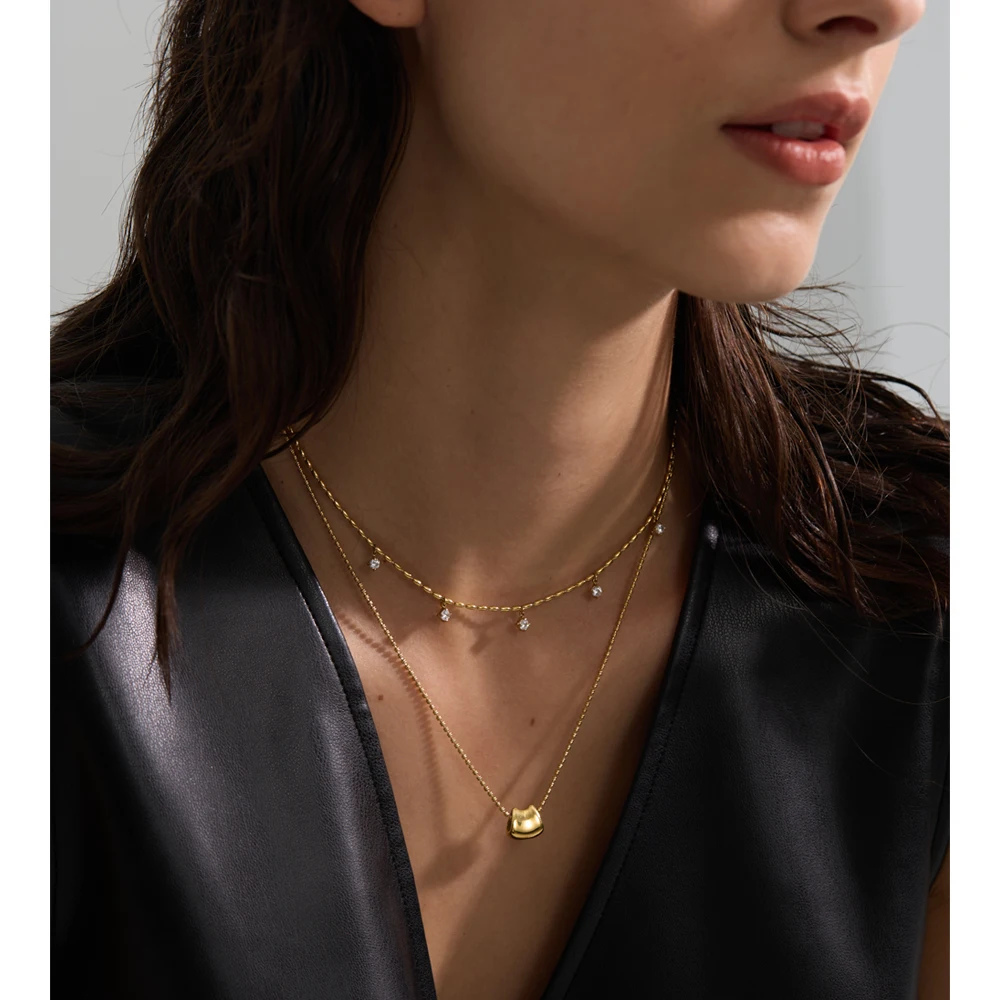 Yhpup Double-Layer Zirconia Drop Necklace Stainless Steel