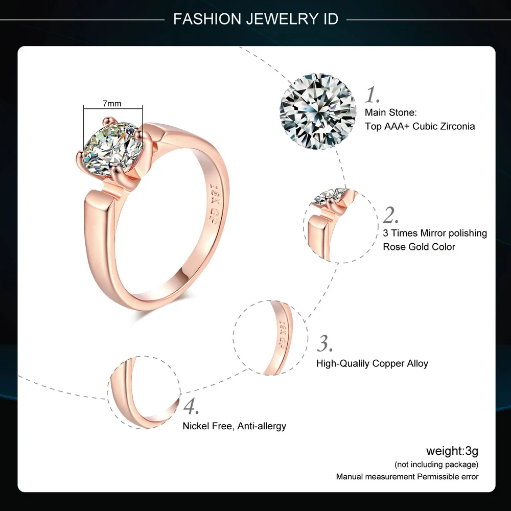 Wedding Rings For Women 4 Prongs 7mm Cubic Zirconia Rose Gold & Silver ZYR054 ZYR053
