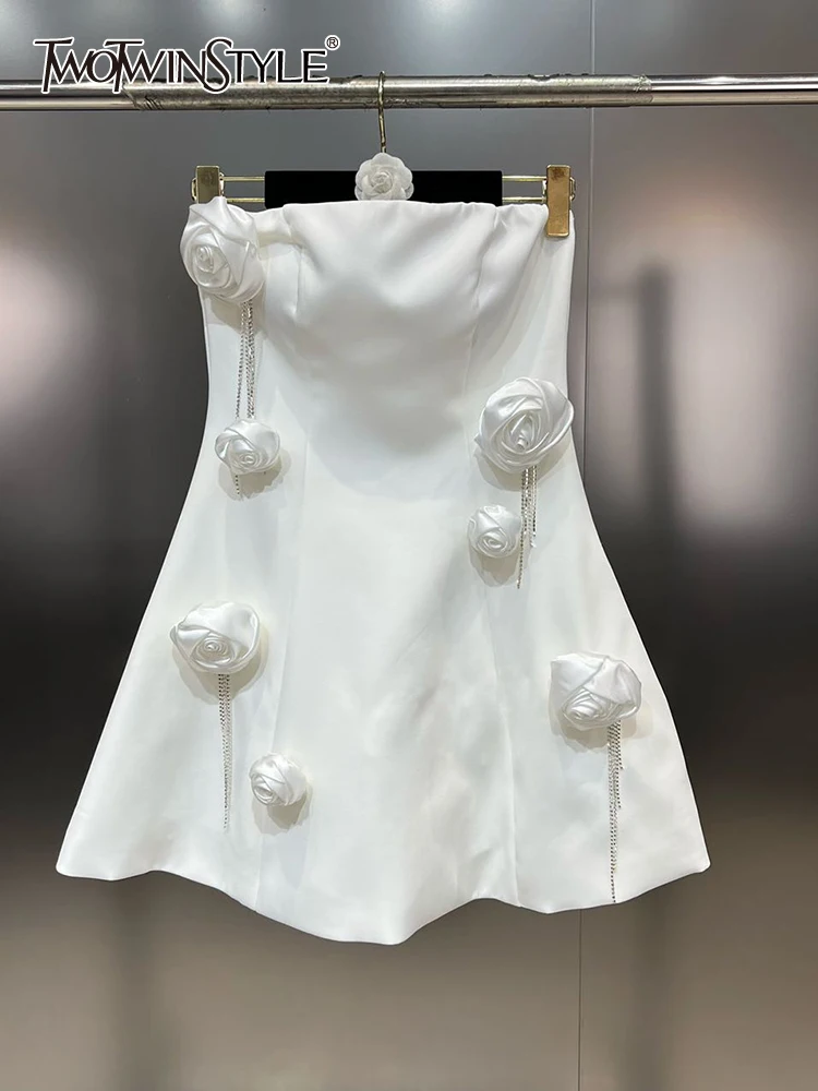 

TWOTWINSTYLE Solid Patchwork Appliques A Line Dress For Women Strapless Sleeveless High Waist Temperament Mini Dresses Female