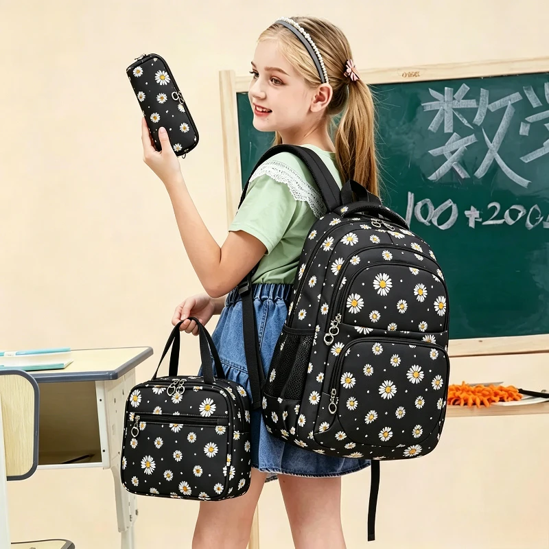 Daisy Pattern School Bag Backpack Pencil Case Handbag Three Piece Set Nylon Fabric Waterproof Boys Girl Teenagers Trend Backpack 1
