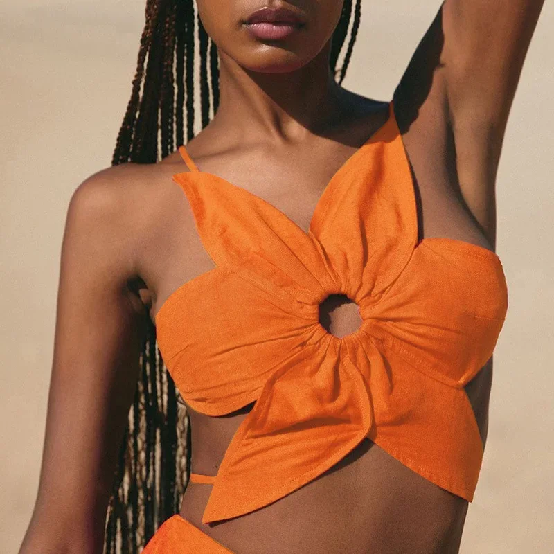 

Summer Chic Orange Hollow Out Flower Tank Tops Women Sexy Fashion Rose Red Crop Tops Sleeveless Backless Bandage Tees Sweet Vest