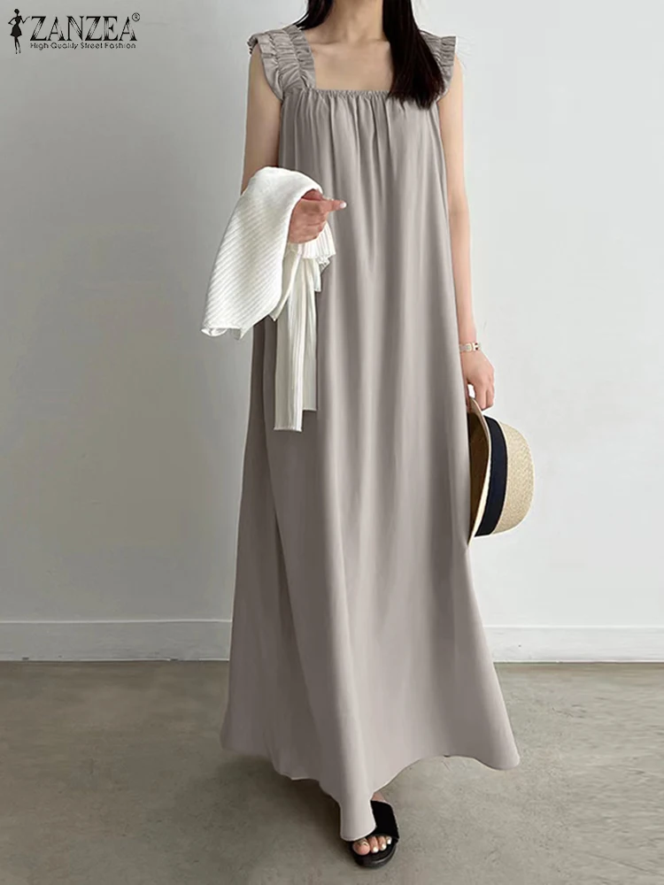 

Fashion Summer Dress ZANZEA Women Square Neck Sleeveless Vestido Robe Femme Solid Loose Dresses Holiday Party Oversize Sundress