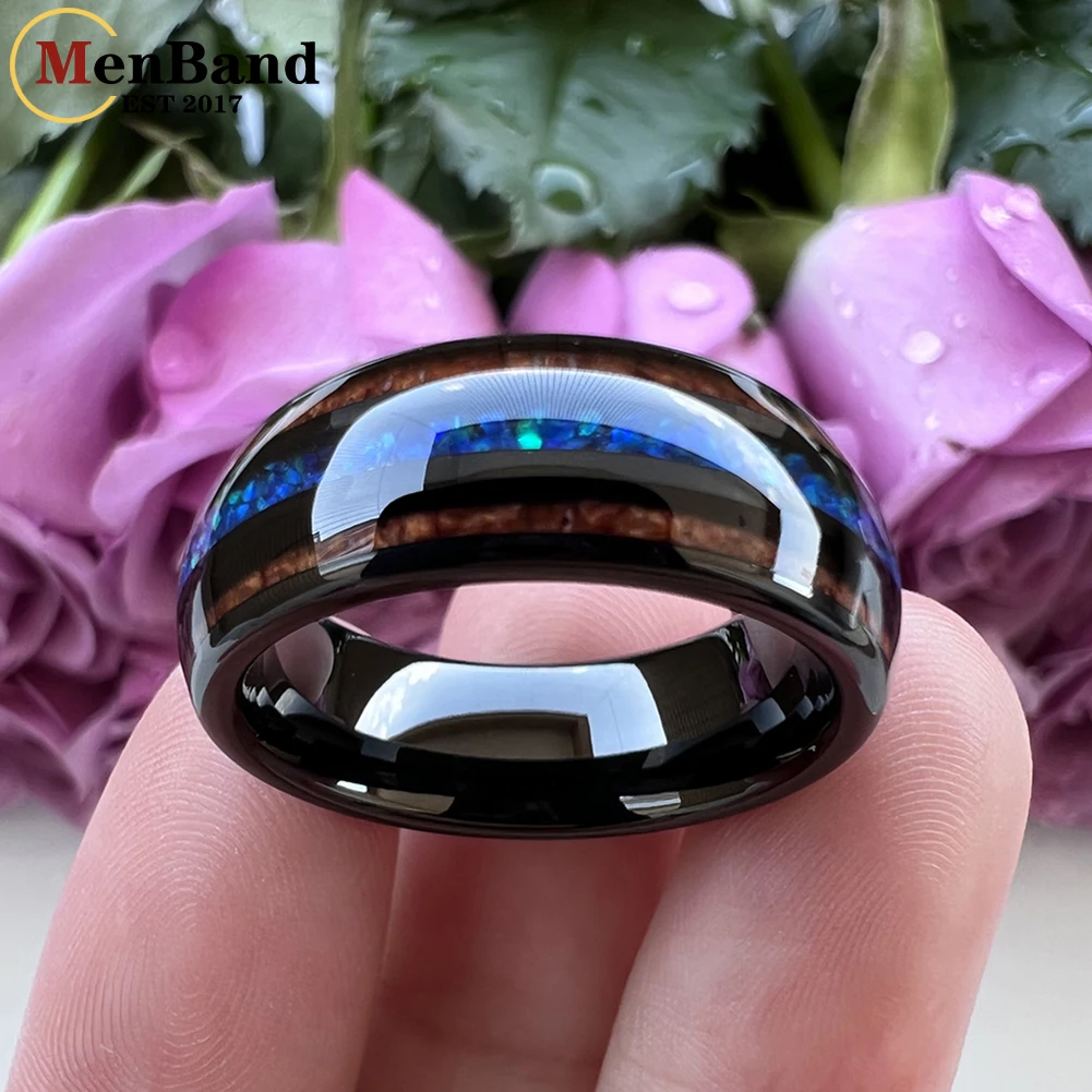 MenBand Fashion 8MM Men Women Black Tungsten Carbide Wedding Ring Blue Opal And Koa Wood Inlay Dome Polished Comfort Fit
