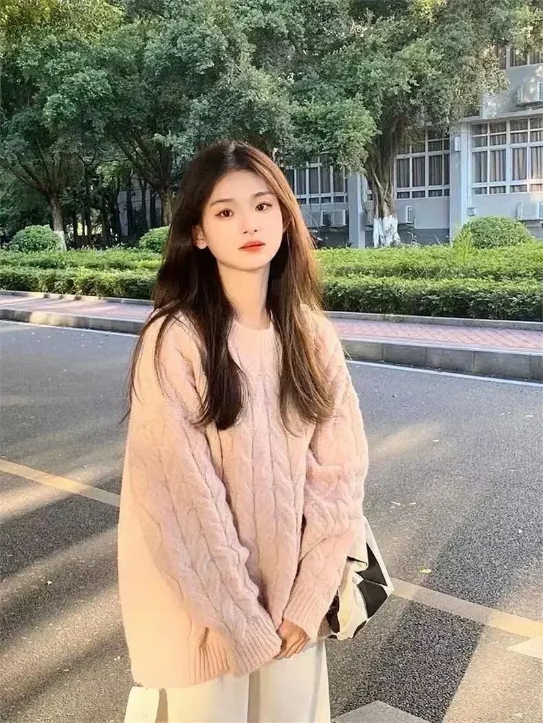 FA660 2024 Winter New Women's Thickened Pullover Sweater Loose Twist Top Sweet Lazy Knitted Sweater 2