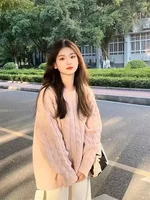 FA660 2024 Winter New Women's Thickened Pullover Sweater Loose Twist Top Sweet Lazy Knitted Sweater 2