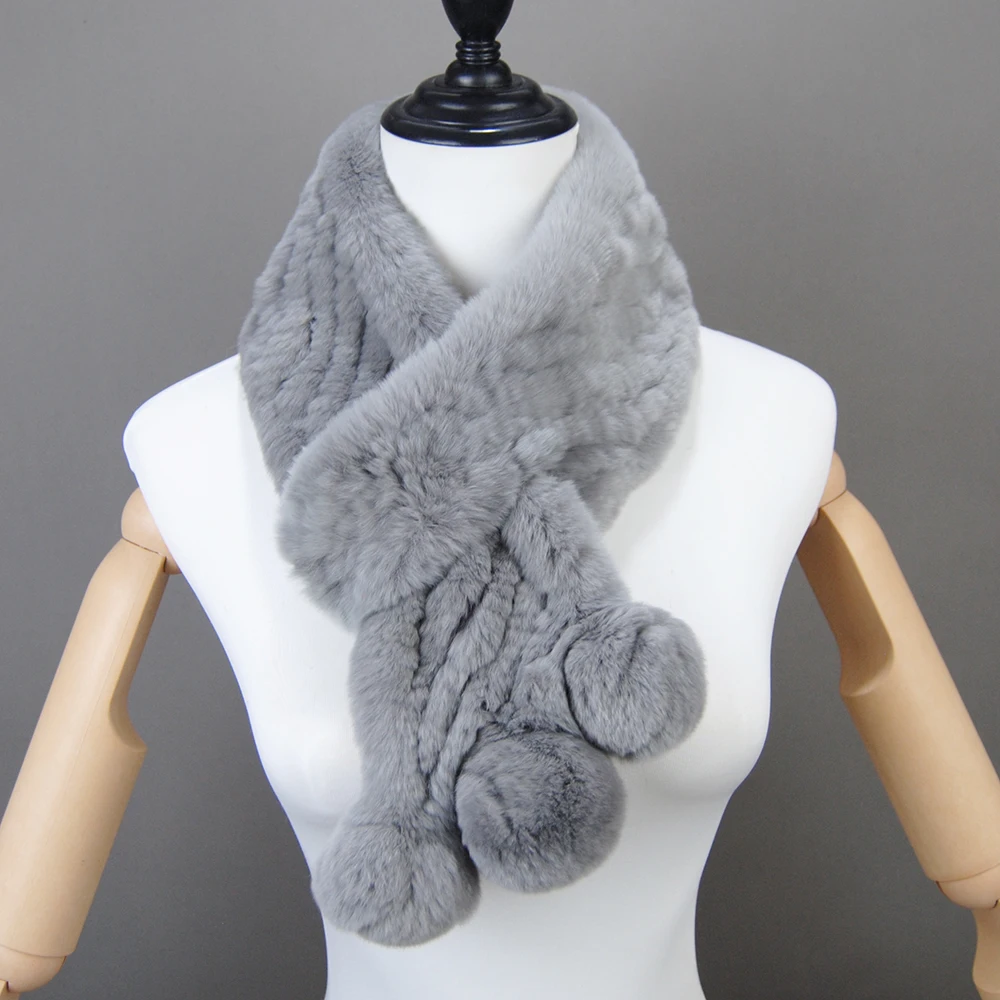 New Winter Real Rex Rabbit Fur Scarves Women 100% Natural Rex Rabbit Fur Muffler Lady Knitted Genuine Neck Warmer Scarf