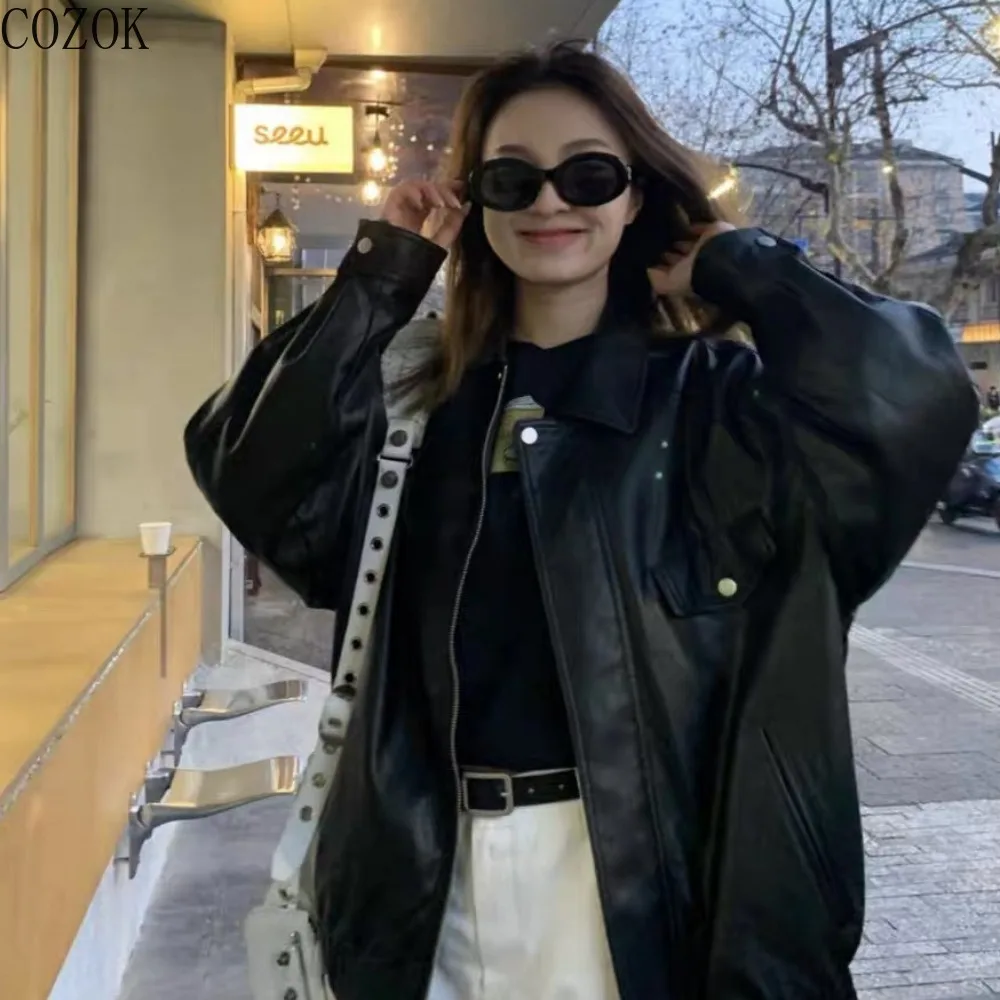 

COZOK Spring,autumn and Winter Zipper Lapel Pu Imitation Leather Jacket Women Short Loose Slim American Retro Motorcycle Jacket