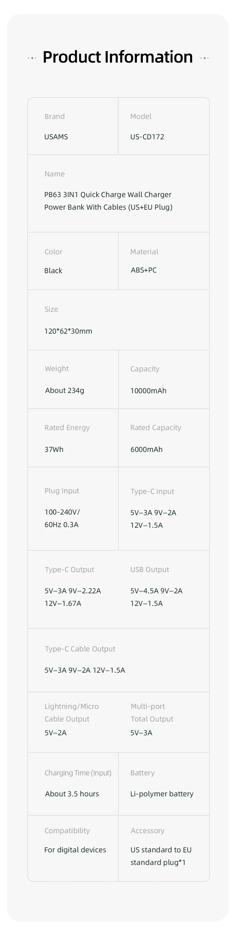 portable charger for android USAMS Power Bank 10000mAh With 20W PD Fast Charging Powerbank 3 In 1 Wall Charger With Cables US EU Plug For iPhone Huawei Phone usb battery pack