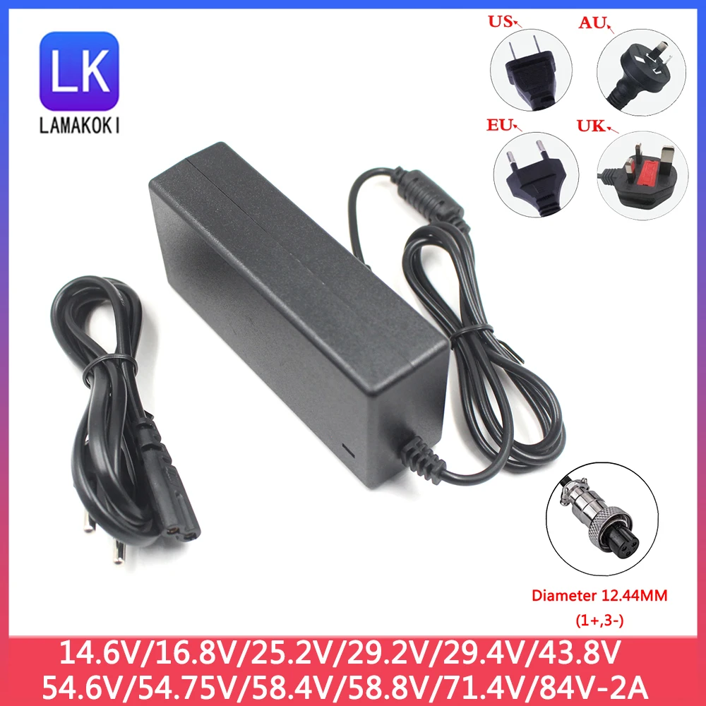 Carregador de Bateria do Li-íon Gx16 3p 14.6v 16.8v 25.2v 29.2v 29.4v 54.6v 54.75v 58.4v 71.4v 84v 2a