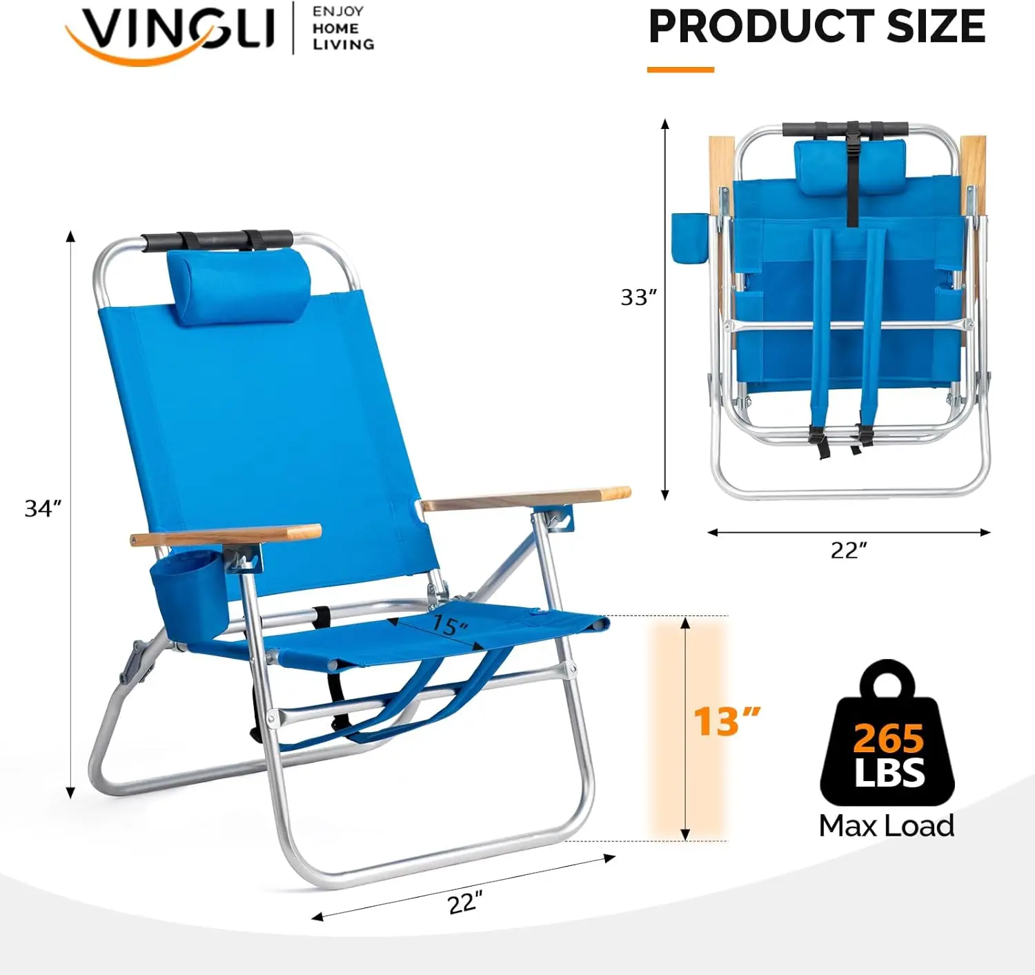 13" Aluminum Backpack Beach Chair – Tall Beach Chairs for Adults, Portable with Adjustable Straps, 3-Position Reclining