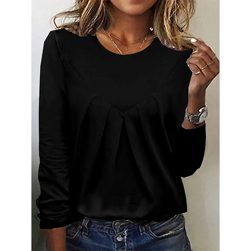 Women Ruffle Long Sleeve Solid Color Loose Pleated Tshirt