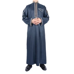 Fashion Printed Men's Long Sleeve Robe Jubba Thobe Middle East Muslim Clothing Saudi Arab Loose Stand Collar Long Robe