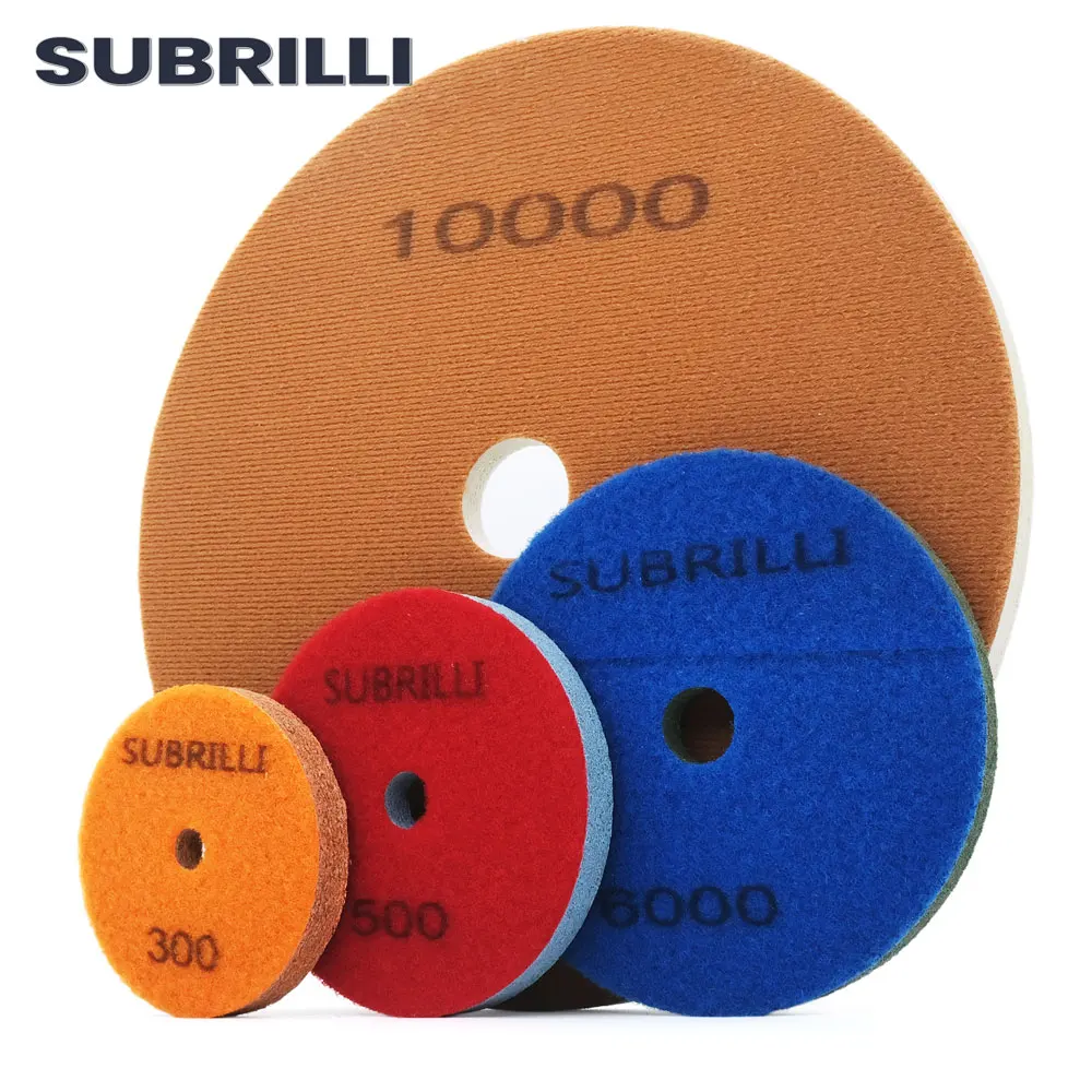 SUBRILLI 3/4/5/10 Inch 3pcs Sponge Polishing Pad Diamond Buffing Wheel Stone Granite Marble Concrete Sanding Disc For Polisher 3pcs set grit 30 4 inch 100mm dry diamond polishing pads for dry or wet polishing granite marble engineered stone and concrete