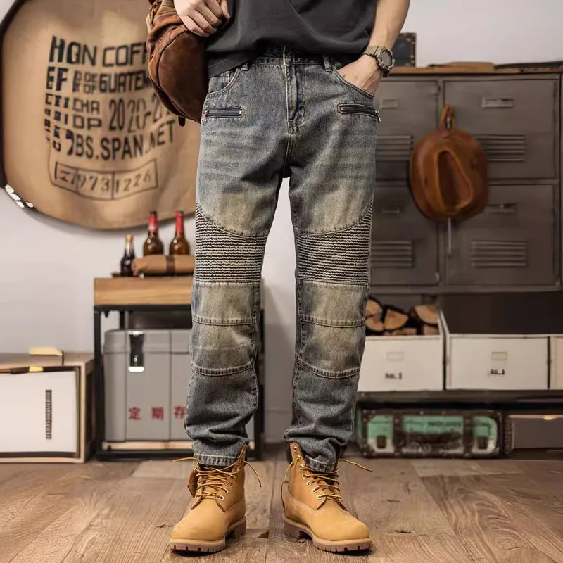 

Весенние новые тяжелые мотоциклетные джинсы-карго плиссированные трехмерные повседневные ретро синие прямые брюки