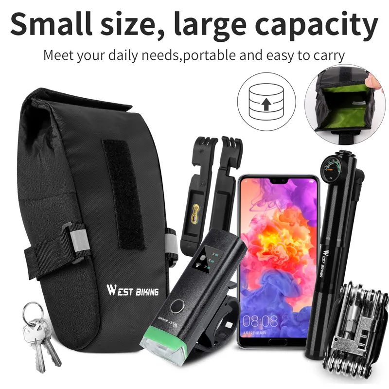 WEST BIKING Bicycle Saddle Bag 1L Portable Foldable Tail Bag MTB Road Bike Toolkit Waterproof Cycling Bag Bike Accessories