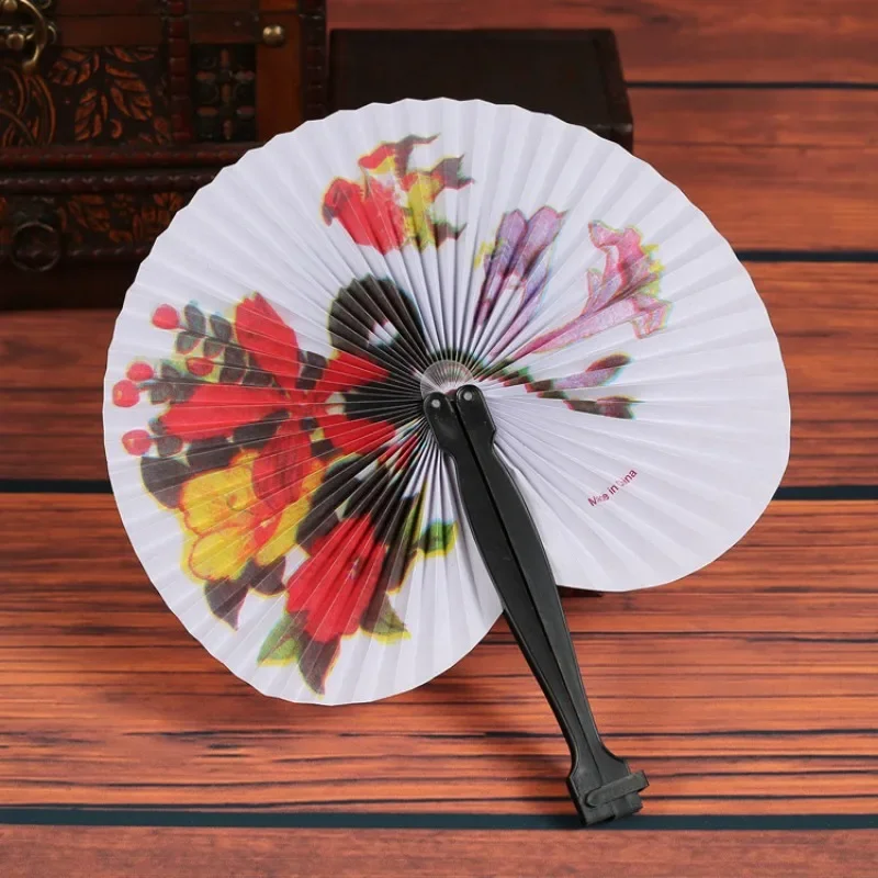 Foldable Paper Fan Retro Windmill Small Round Paper Color Decor Fan Style Party Hand Gift 1pc Random Printed folding fan hand fan
