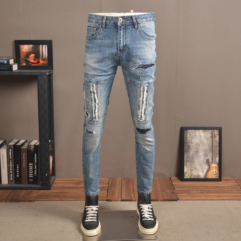 

Street Fashion Men Jeans Retro Light Blue Stretch Ripped Jeans Men Slim Hole Trousers Spliced Designer Hip Hop Punk Pants Hombre