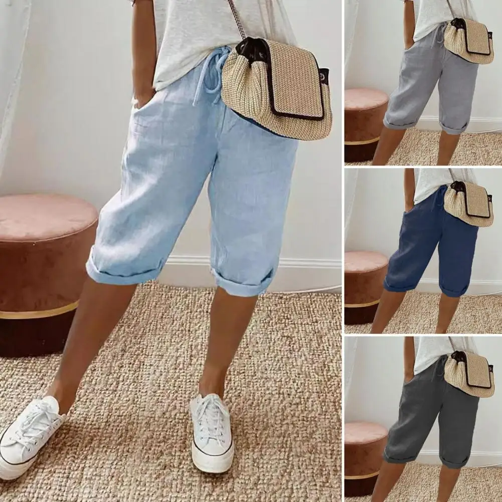 Women Shorts Vintage Style Loose Drawstring Knee-length Pants for Ladies Breathable Elastic Waist with Pockets summer v neck knee dress with pockets women casual short sleeve dresses elegant streetwear 2022 solid color sundresses