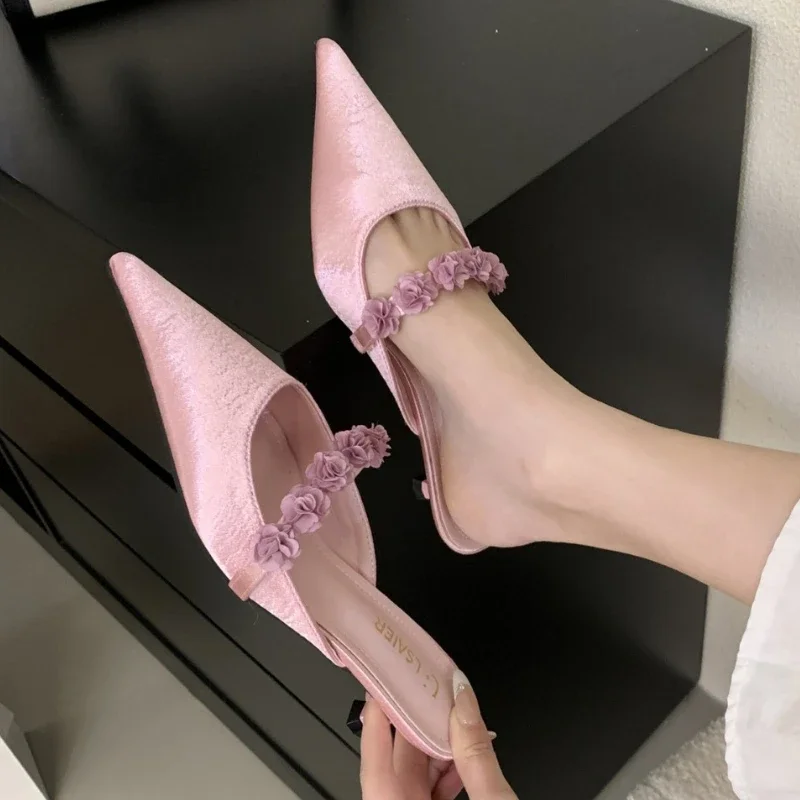 Satin Floral Designer Heeled Sandals Women Pointed toe Mule Pumps Elegant Banquet Slingback Dress Heels Slides Slippers Ladies