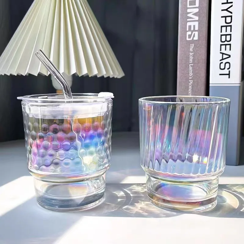 350ml Simple Stripe Coffee Glass Cup With Lid and Straw Transparent Bubble Tea Cup Household Ice Cream Yogurt Milk Juice Mug