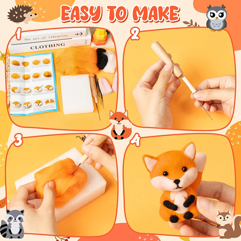 Wool Needle Felting Craft Kit DIY Making You Own Woodland Polar Animal Shape Doll Handmade Needlecraft Material for Beginners