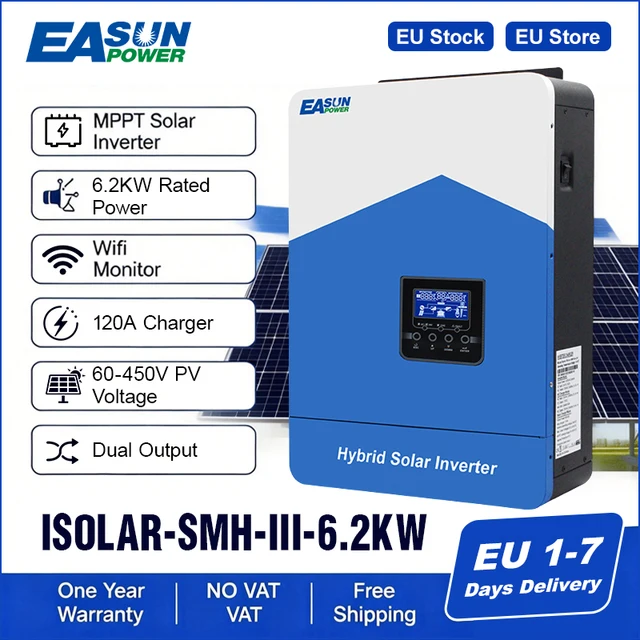 Onduleur hybride Easun 6,2 kW/48 V 4,2 kW/24 V MPPT à double sortie, onde sinusoïdale pure, 120 A 230 V 50/60 Hz, chargeur solaire avec BMS et Wi-Fi 1