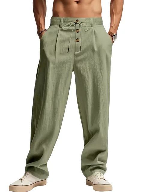 Nouveaux pantalons respirants décontractés en coton et lin pour hommes, pantalons de sport de rue à la mode, pantalons droits amples de plage et d'extérieur 1