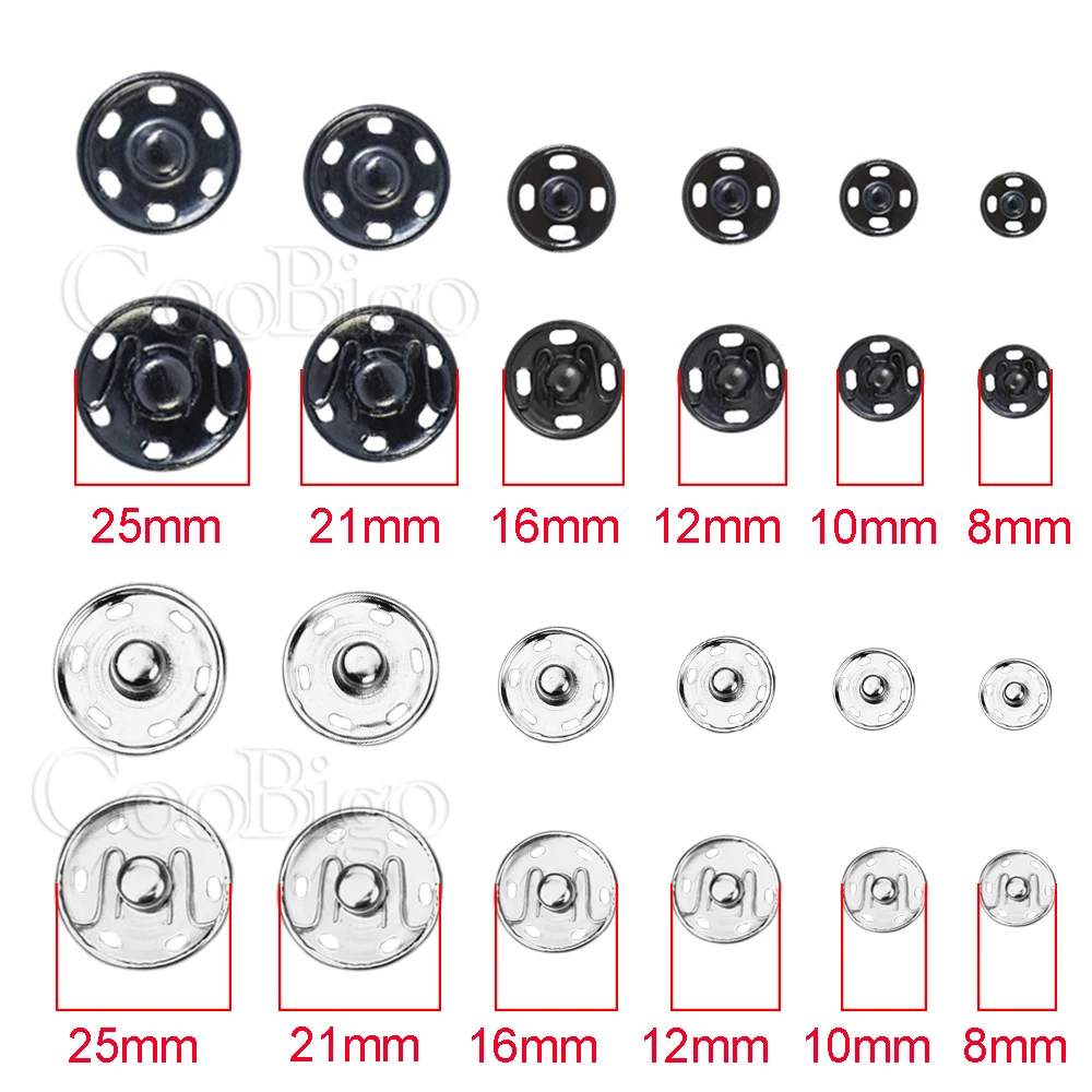 Sewing on Metal Snap Button Press Fastener for Bag Clothes Needlework Accessories Black Silver 8mm 10mm 12mm 16mm 21mm 25mm Dia. 3