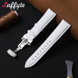 Luxury Leather Watch Strap with Lychee Pattern and Butterfly Buckle - Elegant Black, Brown, and Green Wristband - 22mm (White)