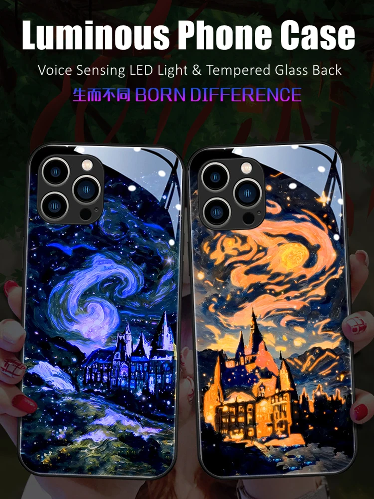 

Van Gogh Castle Colorful LED Light Glowing Luminous Tempered Glass Phone Case for iPhone 11 12 13 14 15 Xs Xr Mini Pro Max Plus
