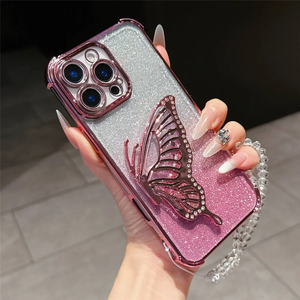 Shockproof Quicksand Butterfly Phone Case with Holder & Crystal Chain Cover