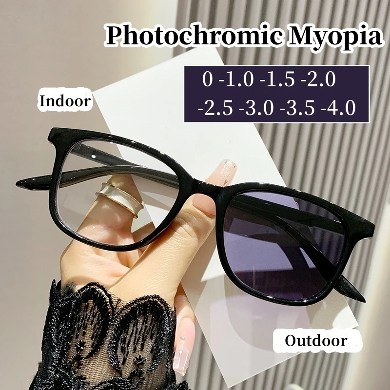 

Fashionable Men Women Photochromic Glasses Square Myopia Eyeglasses Outdoor Color Changing Short-sighted Eyewear with Diopters