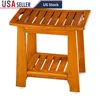 Teak Spa Shower Bench Seat with Handle Shelf Waterproof Bathroom Stool Indoor Outdoor 18 Inch Durable Solid Wood Non-Slip Legs 1