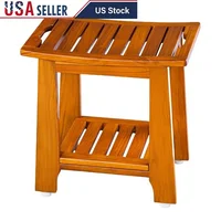 Teak Spa Shower Bench Seat with Handle Shelf Waterproof Bathroom Stool Indoor Outdoor 18 Inch Durable Solid Wood Non-Slip Legs 1
