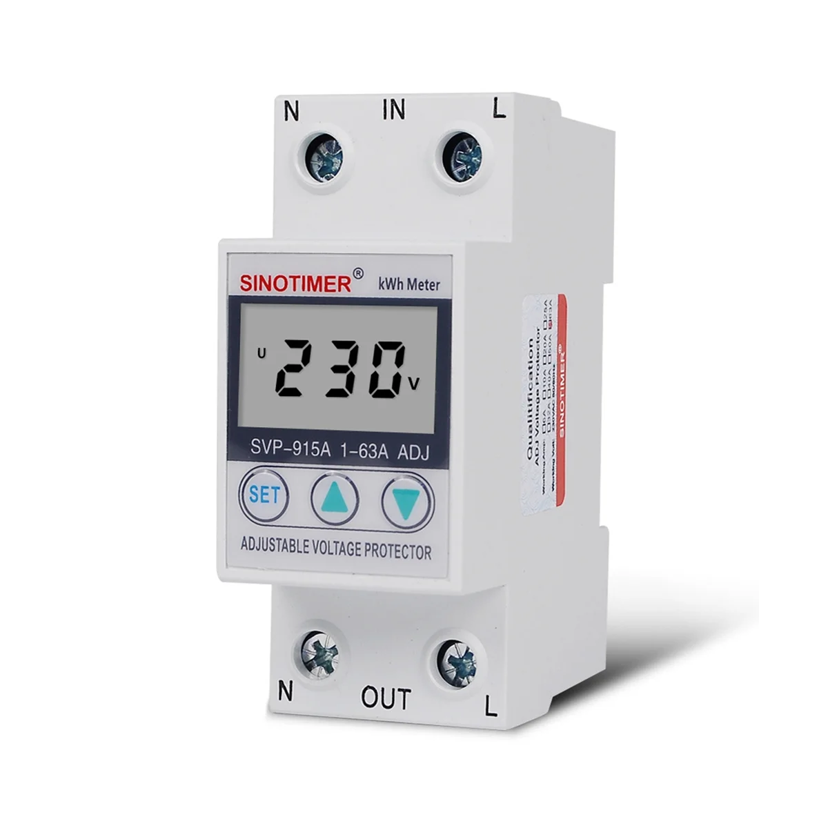 

SINOTIMER SVP-915A 63A Single Phase Adjustable Intelligent Overvoltage Protector with Metering Power Display