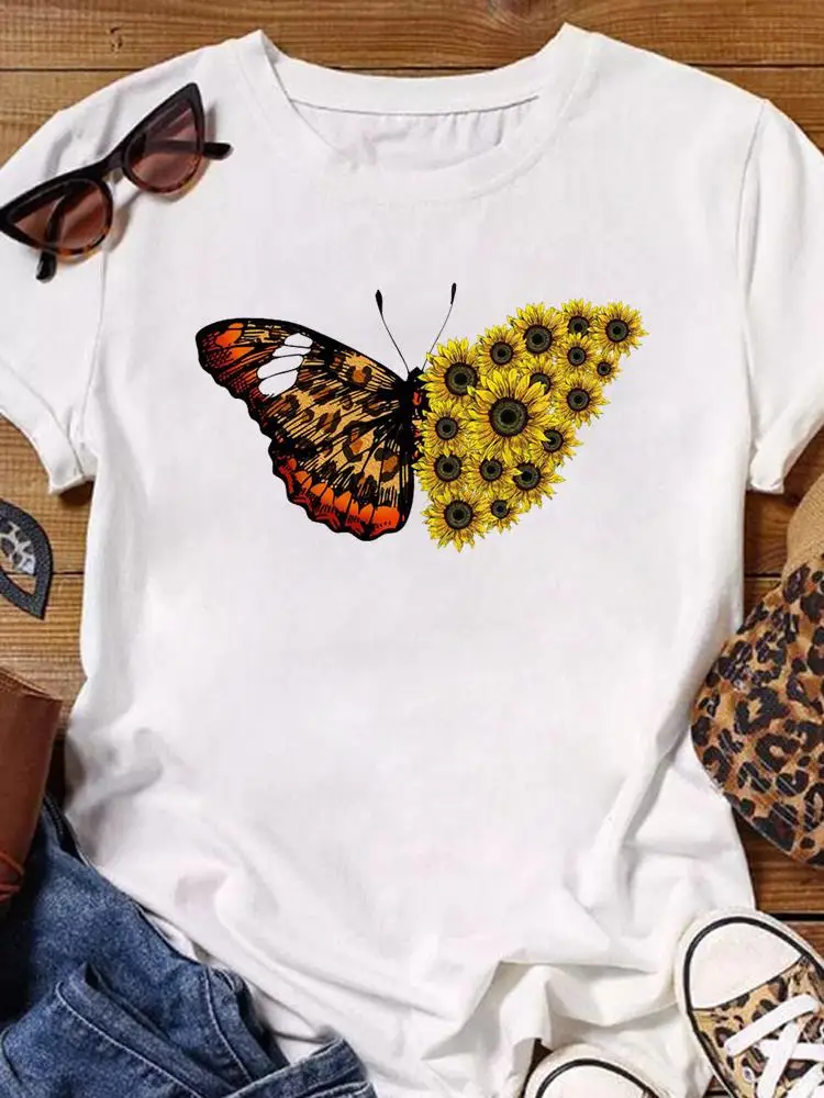 

Модная Повседневная футболка с графическим рисунком, женская летняя футболка с коротким рукавом и милым цветочным принтом в виде крыльев, бабочек, женская футболка с принтом