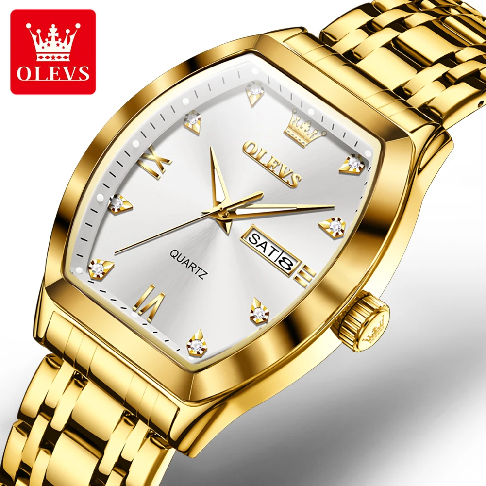 OLEVS Quartz Watch for Men Luxury Diamond Elegant Stainless Steel Waterproof Luminous TOP Brand Tonneau Dial Mens Wristwatch