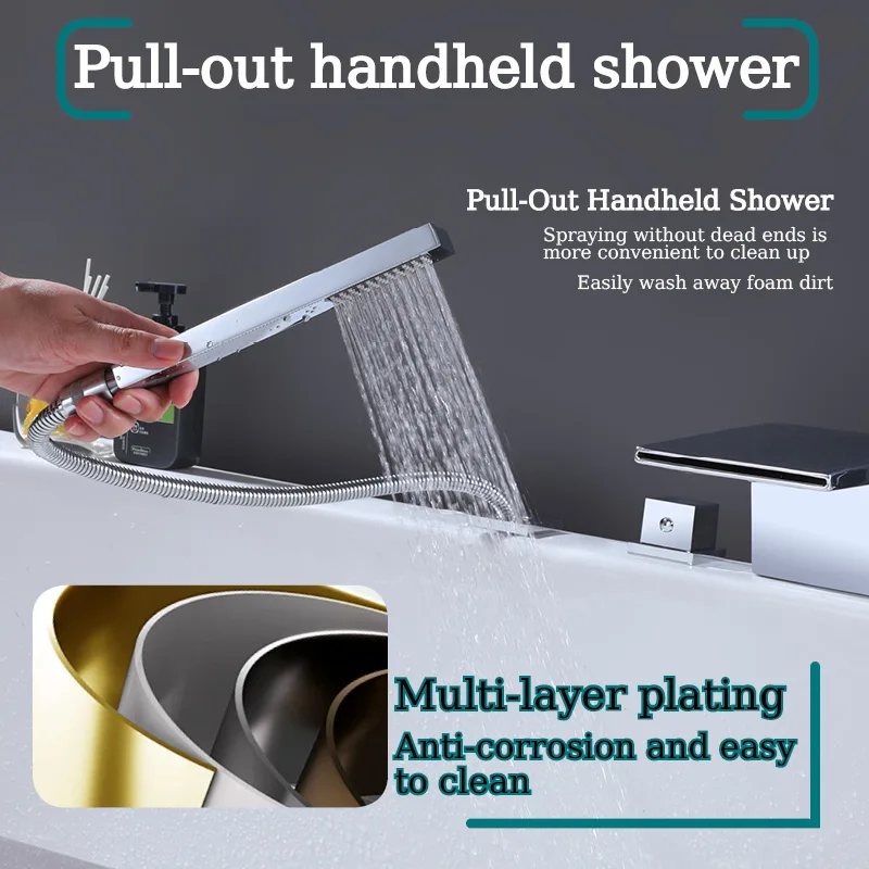 4Hole Bathtub Shower Concealed Faucet with Pull Out Handheld Shower Hot Cold Mixer and 2 Mode Adjustable Chrome Black