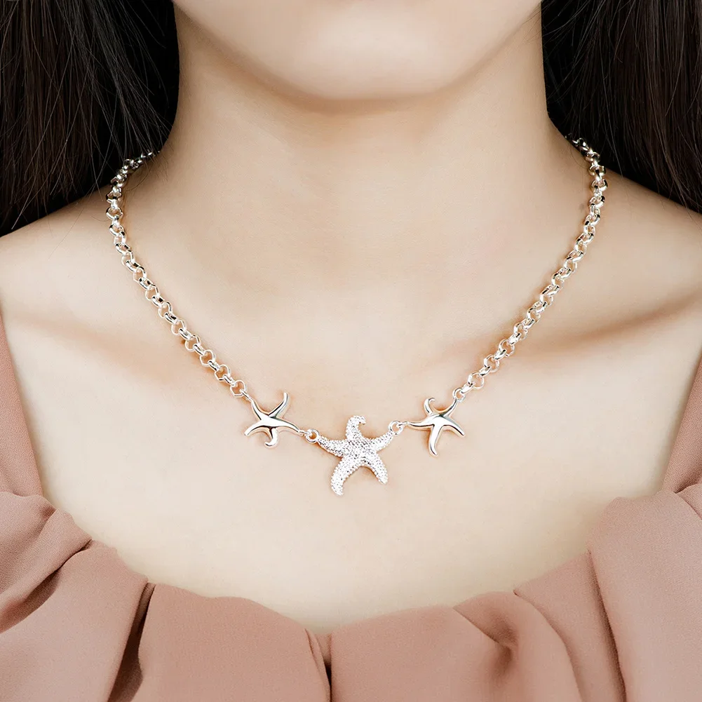 цена New 925 Sterling Silver 18 inches Beautiful three starfish Pendant Necklace For Women Fashion Jewelry Christmas Gifts