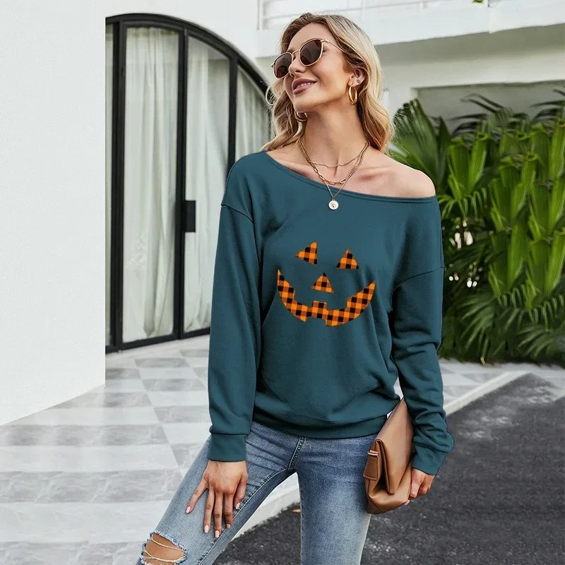Women Wild Casual Long Sleeve Halloween Printed Tops Sexy Oblique Collar Sweatshirt  Fall Winter New Loose Fashion Pullover