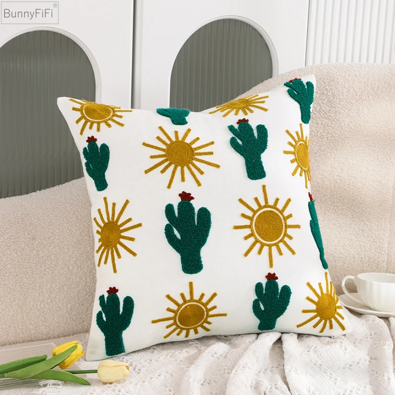 

Embroidered Pillow Case Summer Cactus Lemon Dandelion Palm Tree Cotton Cushion Cover for Home Decoration 45x45cm Living room