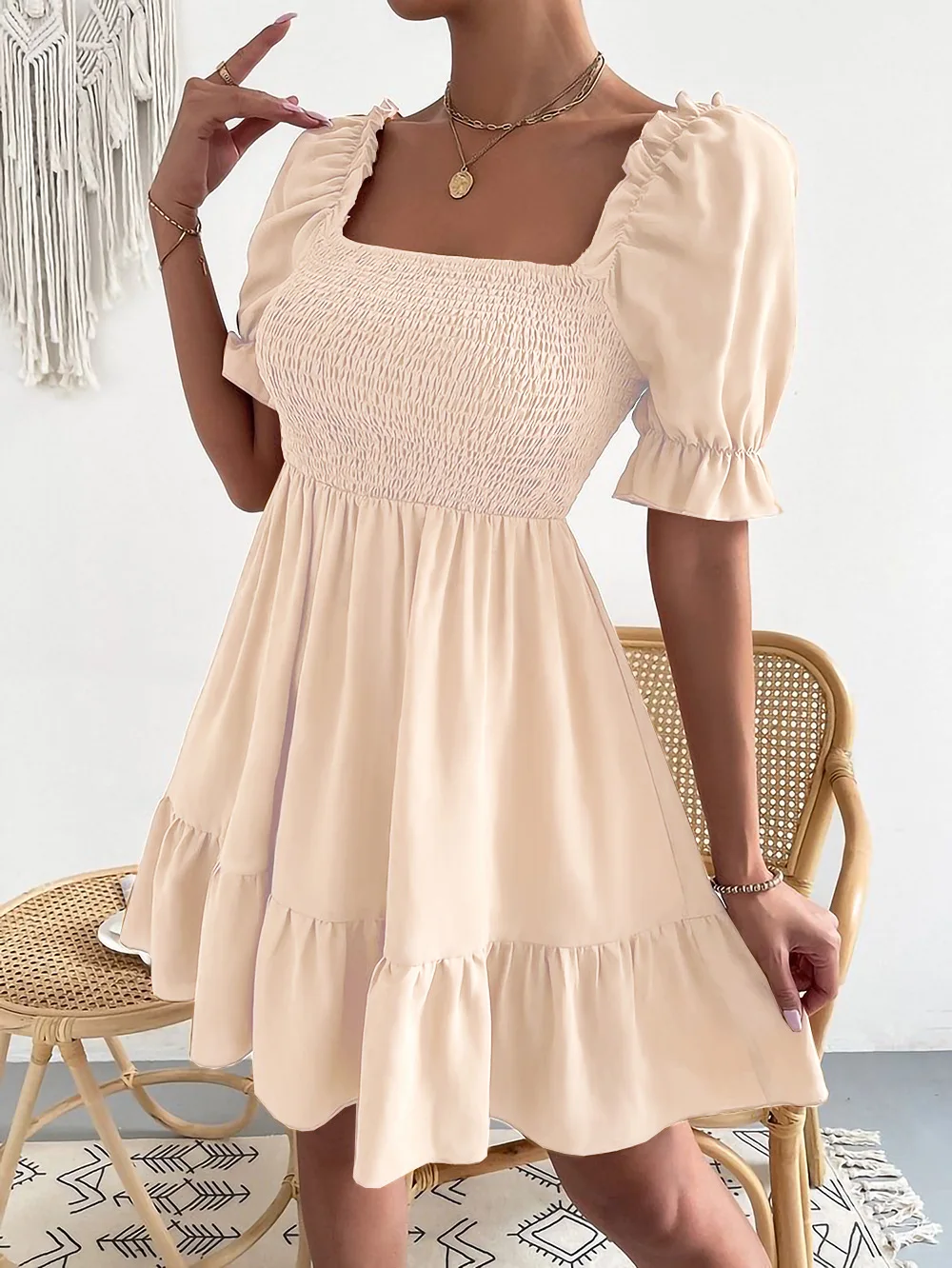 

Spring Women Fashion Mini Dress Ruffled Short Sleeve Sundress Square Collar Elegant 2023 Chic Short Puff Sleeve Party Dresses