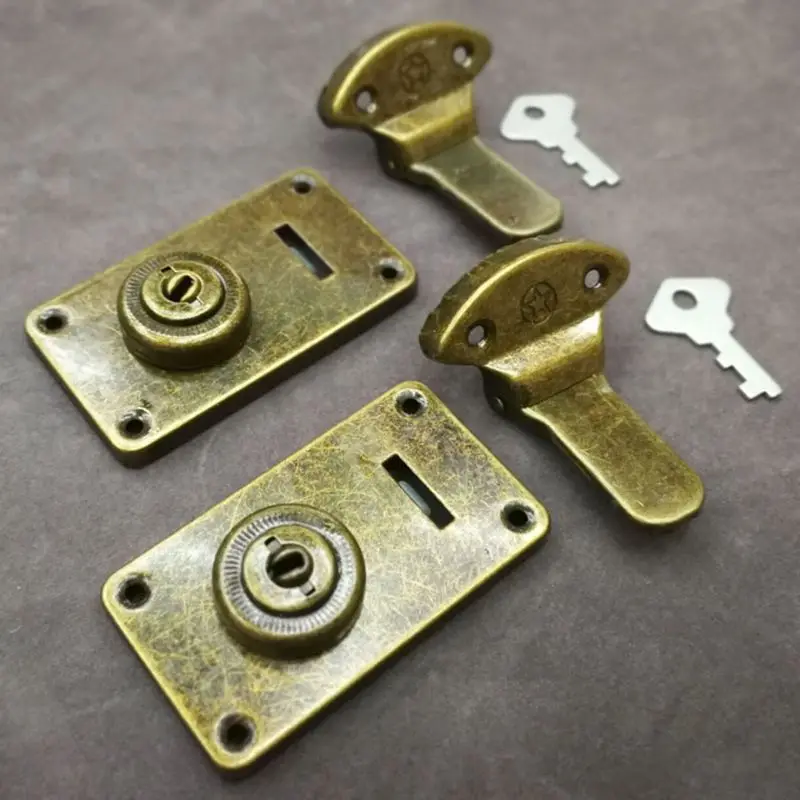Antique Cabinet Hasp Latch Kit with Key Vintage Suitcase Box Latch Lock for Jewelry Box Wooden Case Furniture Decoration