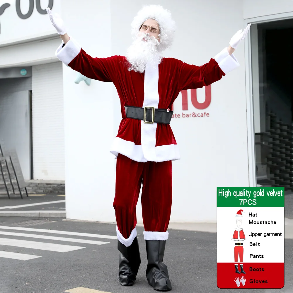 

Red Deluxe Golden velvet Set Xmas Party Man Santa Claus Suit Adult Cosplay Costume（Comes with gloves and boots）