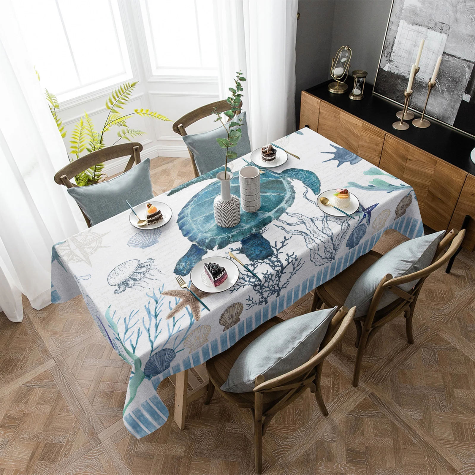 

Mediterranean Style Sea Turtle Stripes Rectangle Tablecloth Table Decor Waterproof Round Tablecloths Kitchen Home Decoration