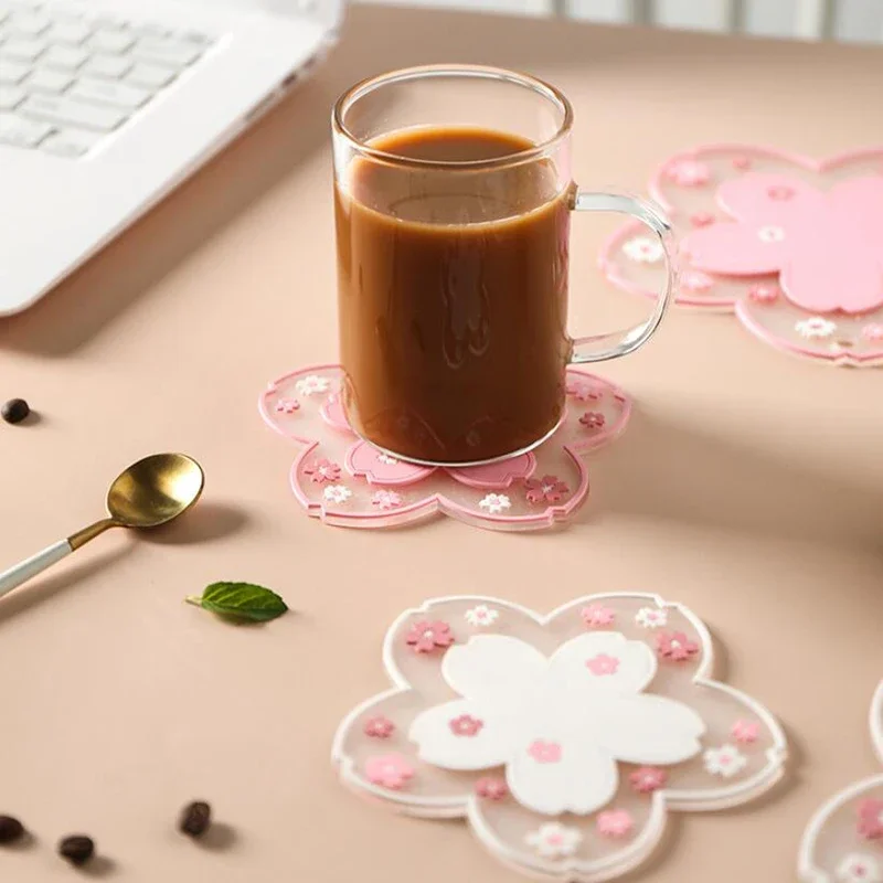 Mouse Pad Coaster Craft Cutting Mat Office Supplies Set Kawaii Cherry Blossom Desk Mat Coffee Cup Coaster Heat Insulation Table Mat For Tea Milk Mug Home Decors Office Desk Organizer