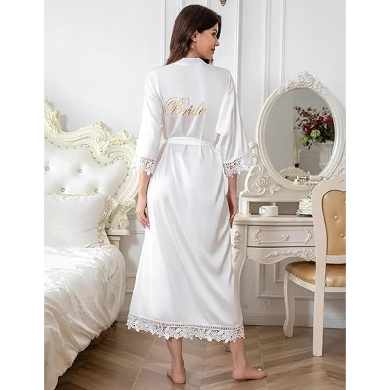 Womens Lace Trim Long Bridal Kimono Robes With Embroidery Bride Bridesmaid Satin Bathrobe Wedding Gifts 1