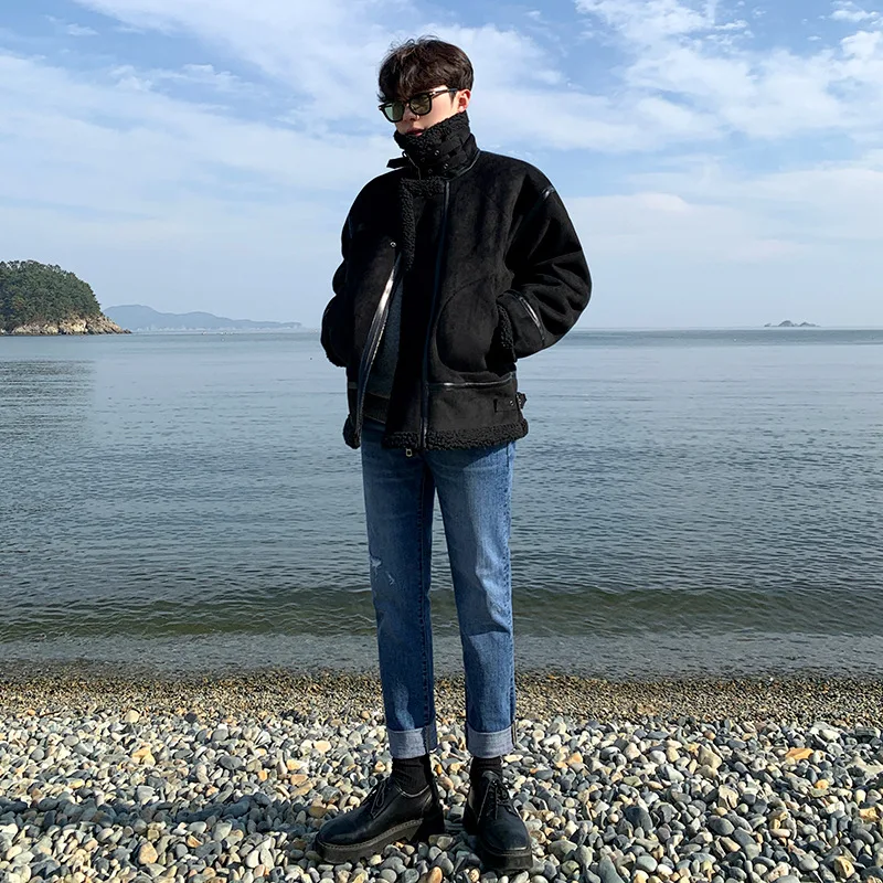 Lamb Jacket Men's Winter Thickened Motorcycle Wear Loose and Versatile Cotton Clothes Trend